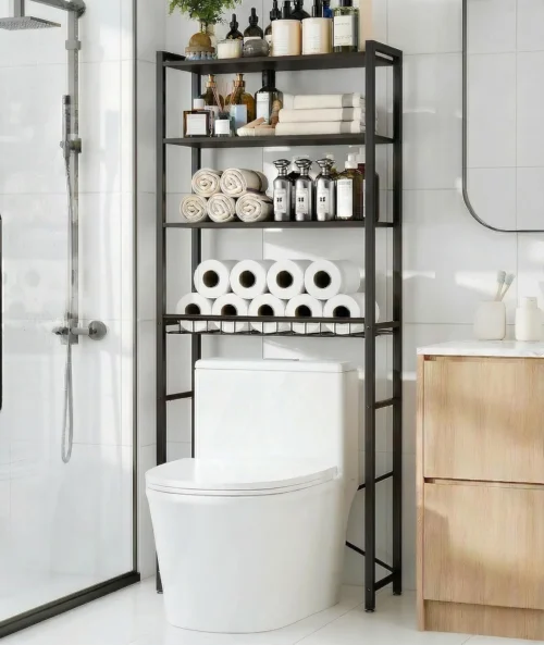 Over-the-Toilet Storage Rack with One-Piece Wooden Shelves & Open Net Basket, Bathroom Organizer with Adjustable Feet & Anti-Tip Kit, Space-Saving Toilet Shelf, Brown, 24.4 x 9.4 x 69.3