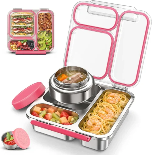 Alternative view of Steel Bento Box Kids Adult with 7oz Soup Thermo, Transparent Lid 3 Compartments Metal Bento Lunch Box with Insulated Food Jar