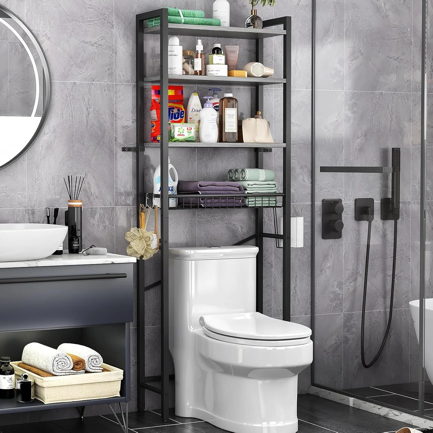 Over-The-Toilet Storage Rack, 4-Tier Bathroom Organizer Shelf Over Toilet with Adjustable Shelf and Basket, Freestanding Space Saver Bathroom Shelves Above Toilet for Room (Pure Black) - Image 5
