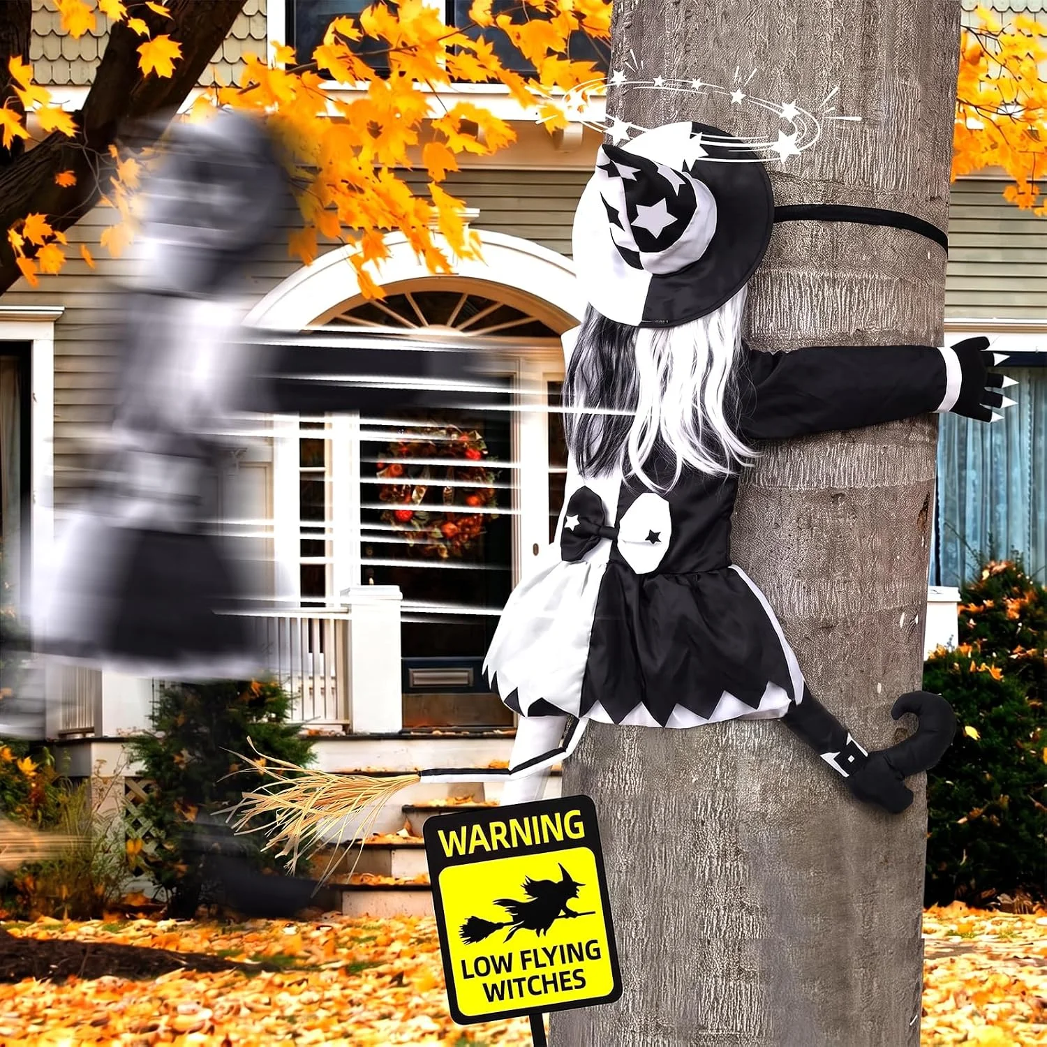 Nook Decorations Outdoor Crashing Witch: 44'' Flying Crashed Witches Hanging into Tree - Halloween Decor for Yard Garden Porch