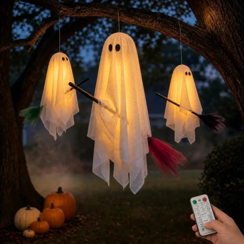 Decorations Outdoor, 3 Pack Hanging Light Up Ghosts on Brooms