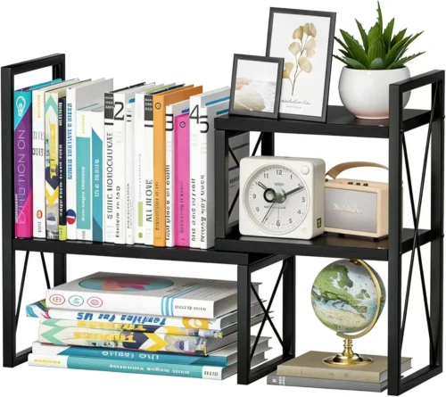 Alternative view of Expandable Desktop Shelf Organizer, 2 Tier Wood Desk Shelf for Office, Metal Corner Bookshelf, Countertop Storage Rack (Brown)