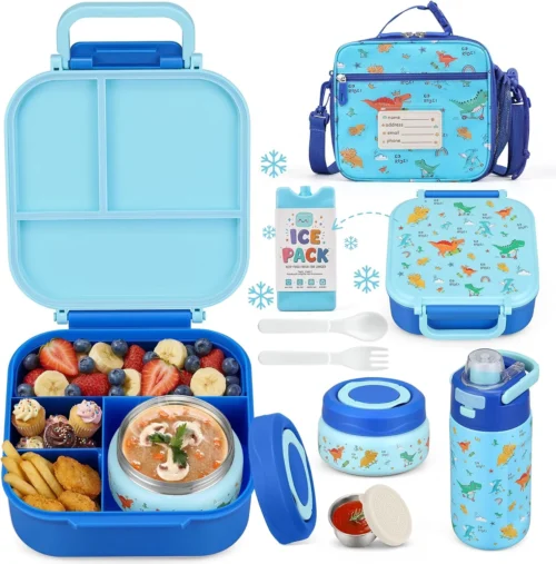 Bento Lunch Box for Kids with 7oz Soup Thermo, Insulated Stainless Steel Kids Water Bottle with Straw and Insulated Lunch Bag, Leak-Proof Lunch Food Container with Ice Pack for School(Purple-Mermaid)