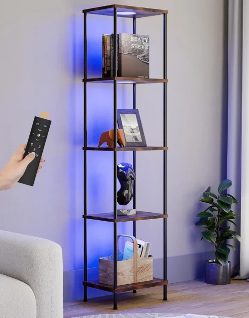 Alternative view of Shelf with RGBW Light, Color Changing Curio Cabinet Floor Lamp with Shelves Corner Standing Column Lamp Etagere Organizer Tower Nightstand Bookcase