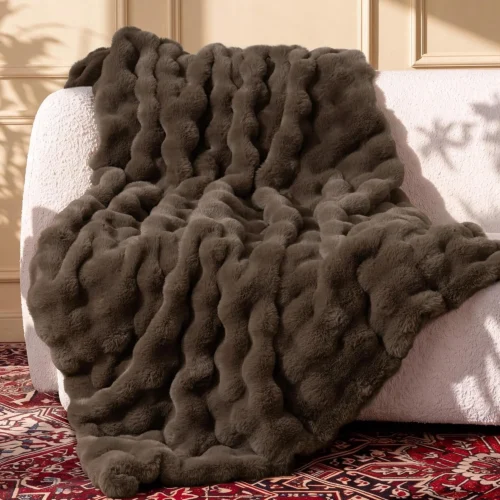 Alternative view of blunique Ultra Soft Cozy Faux Fur Throw Blanket, Fuzzy Plush Thick Bubble Blanket, Luxury Fluffy Blanket for Couch, Sofa, Bedroom, and Living Room, 50x60 Inches, Cream White