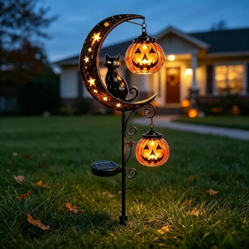 Alternative view of Solar Lights, Halloween Black Cat Pumpkin Moon Garden Stake Light