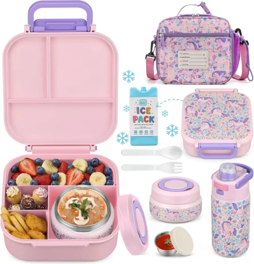 Alternative view of Bento Lunch Box for Kids with 7oz Soup Thermo, Insulated Stainless Steel Kids Water Bottle with Straw and Insulated Lunch Bag, Leak-Proof Lunch Food Container with Ice Pack for School(Purple-Mermaid)