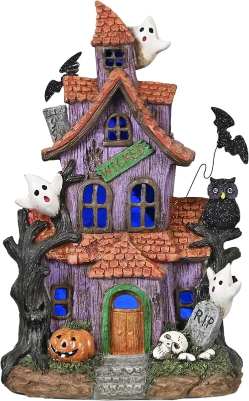 Madelyn Halloween Decorations, Lighted Halloween Village Houses with LED Lights, Resin Spooky Town Happy Haunted House for Home and Party Table Desk