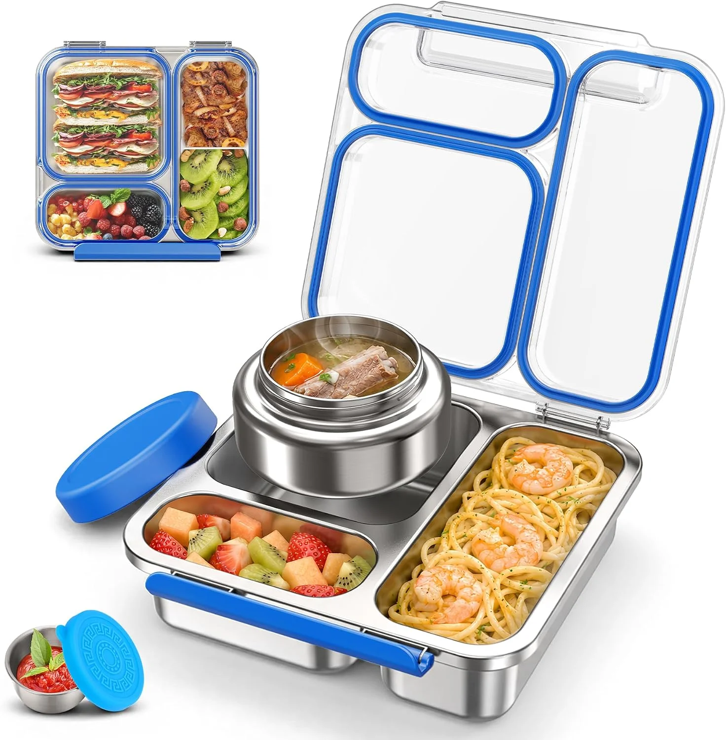 Steel Bento Box Kids Adult with 7oz Soup Thermo, Transparent Lid 3 Compartments Metal Bento Lunch Box with Insulated Food Jar - Image 3