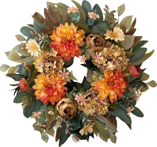 Alternative view of 24 Inch Fall Wreaths for Front Door with Hydrangea, Mini Pumpkins