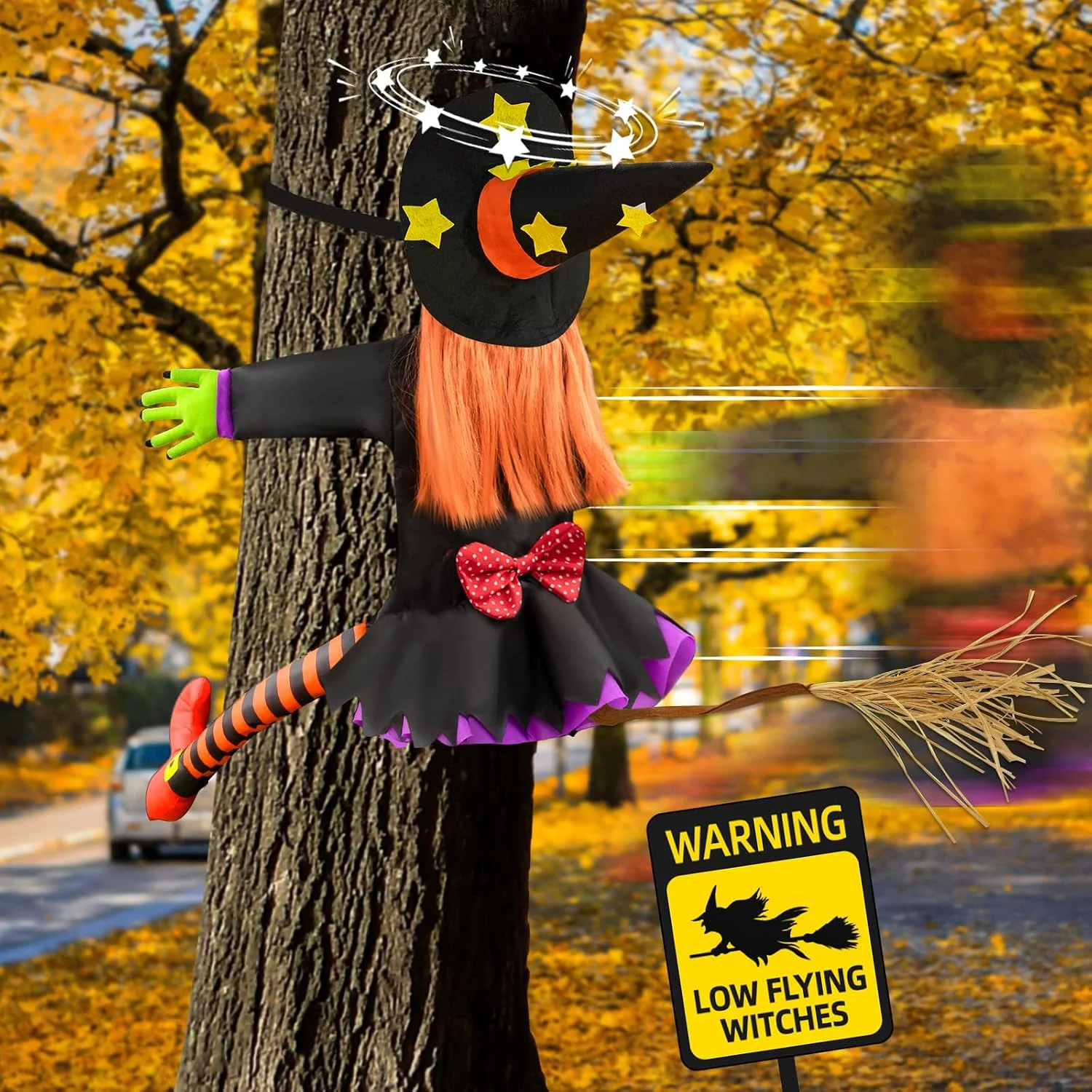 Nook Decorations Outdoor Crashing Witch: 44'' Flying Crashed Witches Hanging into Tree - Halloween Decor for Yard Garden Porch - Image 4