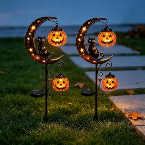 Solar Lights, Halloween Black Cat Pumpkin Moon Garden Stake Light