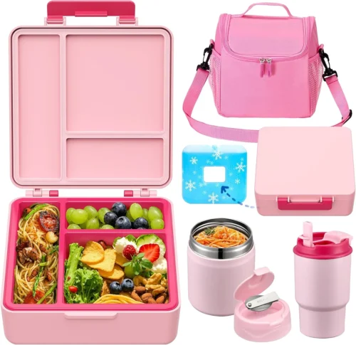 Bento Lunch Box for Kids with 17oz Soup Thermo, Insulated Tumbler Water Bottle and Insulated Lunch Bag, Leak-Proof 3 Compartment Lunch Food Container with Ice Pack for Kids to School-Dinosaur