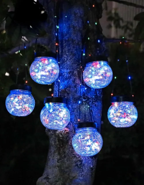 Lanterns Solar Lights Outdoor Waterproof 6-Pack, Solar Powered Hanging Lights Cracked Glass Hanging Globes for Christmas Decoration, Shepherd Hook
