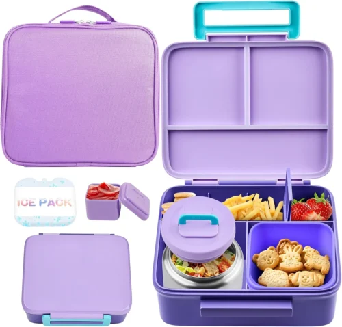 Bento Lunch Box for Kids with Thermo, Leakproof Bento Box with 8oz Insulated Food Jar, Lunch Bag, BPA Free Dishwasher Safe 4 Compartment Container for School Girls Boys (Blue)