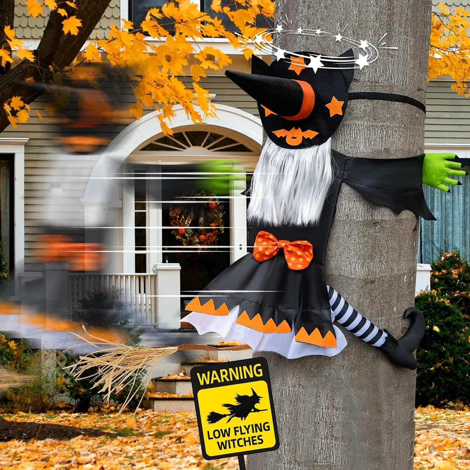 Nook Decorations Outdoor Crashing Witch: 44'' Flying Crashed Witches Hanging into Tree - Halloween Decor for Yard Garden Porch - Image 3