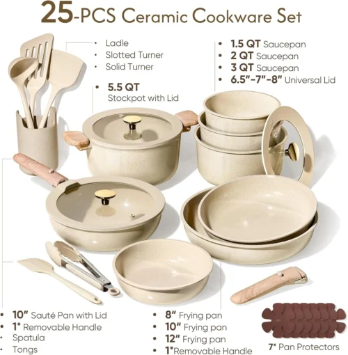 Alternative view of CAROTE 25pcs Ceramic Cookware Set, Pots and Pans Set with Detachable Handle