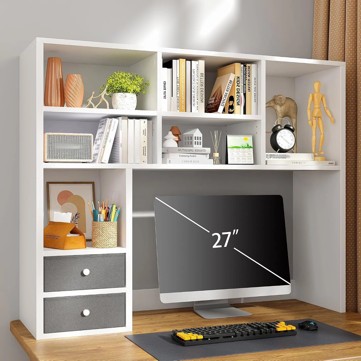 Desktop Bookshelf, 8 Shelves Desk Hutch for Dorm Room, White