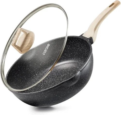 CAROTE 12 Inch Nonstick Deep Frying Pan with Lid, 5.5 Qt White Granite