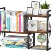 Expandable Desktop Shelf Organizer, 2 Tier Wood Desk Shelf for Office, Metal Corner Bookshelf, Countertop Storage Rack (Brown)