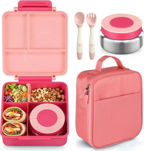 Bento Lunch Box Set for Kids with 8oz Soup Thermo, Leak-Proof Lunch Containers with 4 Compartment, Kids Thermo Hot Food Jar and Insulated Lunch Bag for Kid to School-Black