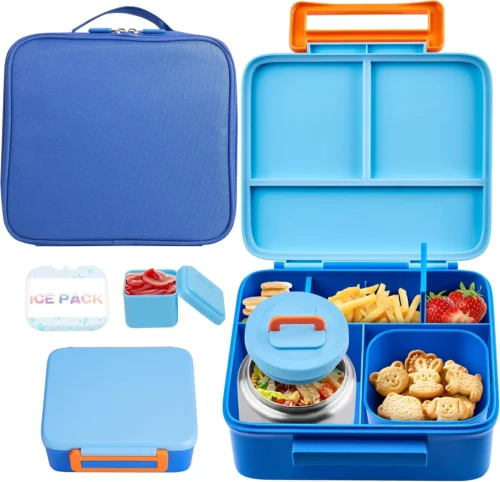 Alternative view of Bento Lunch Box for Kids with Thermo, Leakproof Bento Box with 8oz Insulated Food Jar, Lunch Bag, BPA Free Dishwasher Safe 4 Compartment Container for School Girls Boys (Blue)