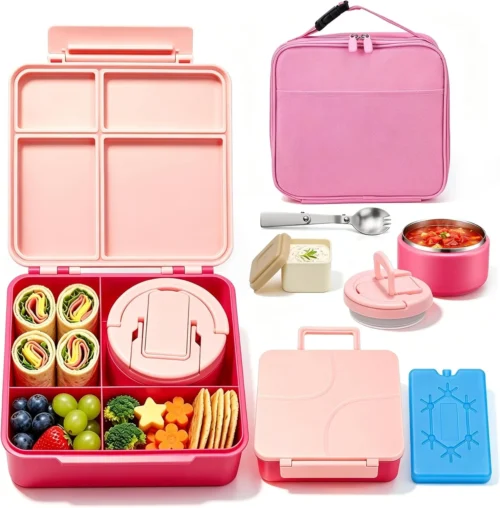 Bento Lunch Box with 8oz Soup Thermo, Kids Leakproof 4 Compartment Lunch Food Containers with Sauce Cup and Ice Pack, Kids Thermo Insulated Hot Food Jar and Lunch Bag for School, Trvael-Black