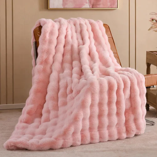 Smoofy Faux Rabbit Fur Throw for Couch - Rainbow Bubble Blanket 50x60