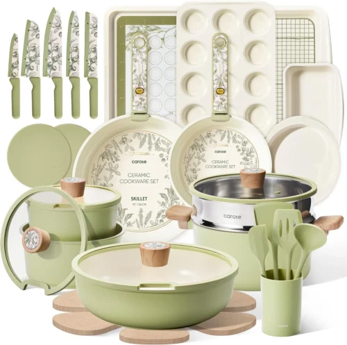 CAROTE 25pcs Ceramic Cookware Sets, Detachable Handle Pots and Pans Set