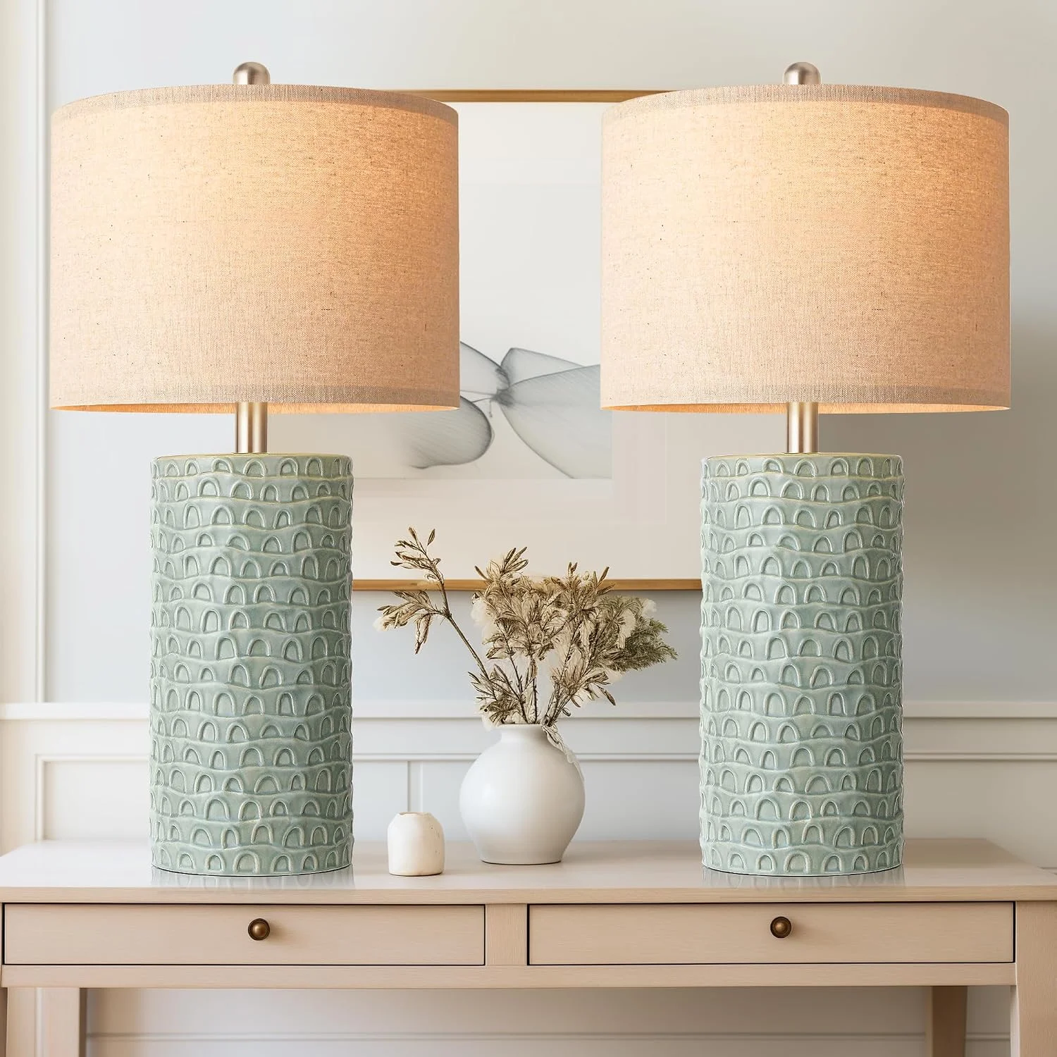 23 Modern Ceramic Table Lamp Set of 2, Table Lamps for Living Room, Rustic Farmhouse Bedside Lamps Nightstand lamp for Bedroom - Image 4