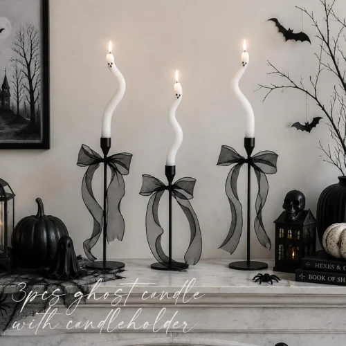 Nook Halloween Decorations indoor-3Pcs Twisting Ghost Candles Decor with Candle Holders, Ribbons, Vintage Candlestick Holders Decoration