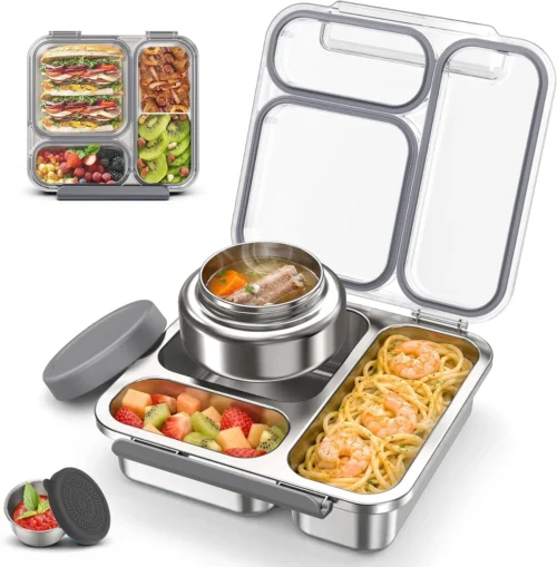 Steel Bento Box Kids Adult with 7oz Soup Thermo, Transparent Lid 3 Compartments Metal Bento Lunch Box with Insulated Food Jar