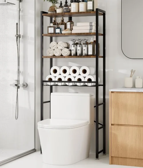 Alternative view of Over-the-Toilet Storage Rack with One-Piece Wooden Shelves & Open Net Basket, Bathroom Organizer with Adjustable Feet & Anti-Tip Kit, Space-Saving Toilet Shelf, Brown, 24.4 x 9.4 x 69.3