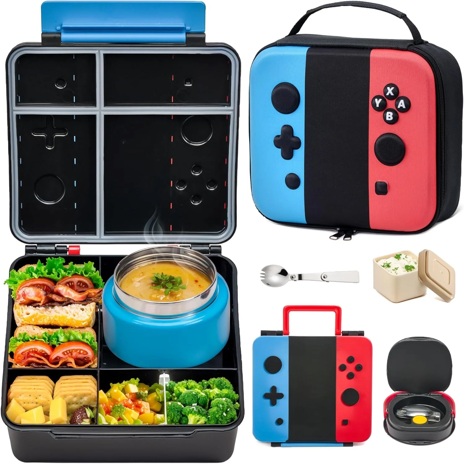 FAJSL Game Lunch Box for Kids with Thermo, 9 OZ Stainless Food Jar & Insulated Lunch Bag, BPA-Free Kids Lunch Bento Box with Sauce Cup, Leakproof Lunch Box Set for Boys & Girs, School, Travel