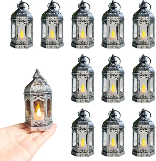 Alternative view of 8Pcs Mini Lantern with LED Tealight, Vintage Brown Lanterns Decorative, Hanging Candle Lanterns for Halloween Christmas Wedding Table Centerpiece