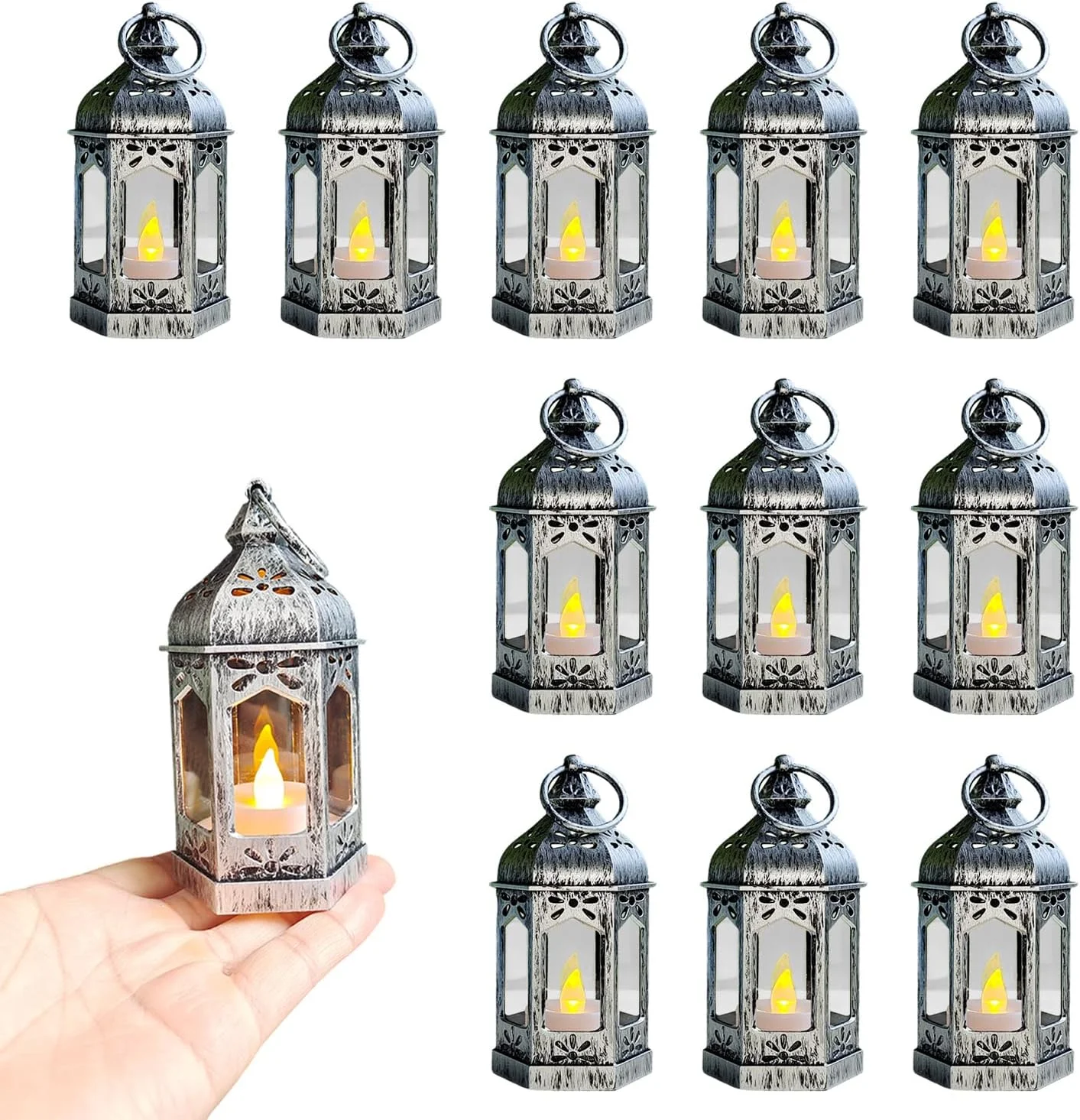 Nook 8Pcs Mini Lantern with LED Tealight, Vintage Brown Lanterns Decorative, Hanging Candle Lanterns for Halloween Christmas Wedding Table Centerpiece - Image 2