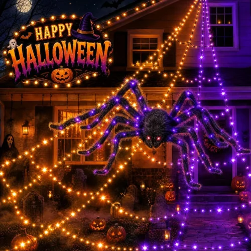 550 LEDs Halloween Decorations Outdoor Spider Web Lights with Spider