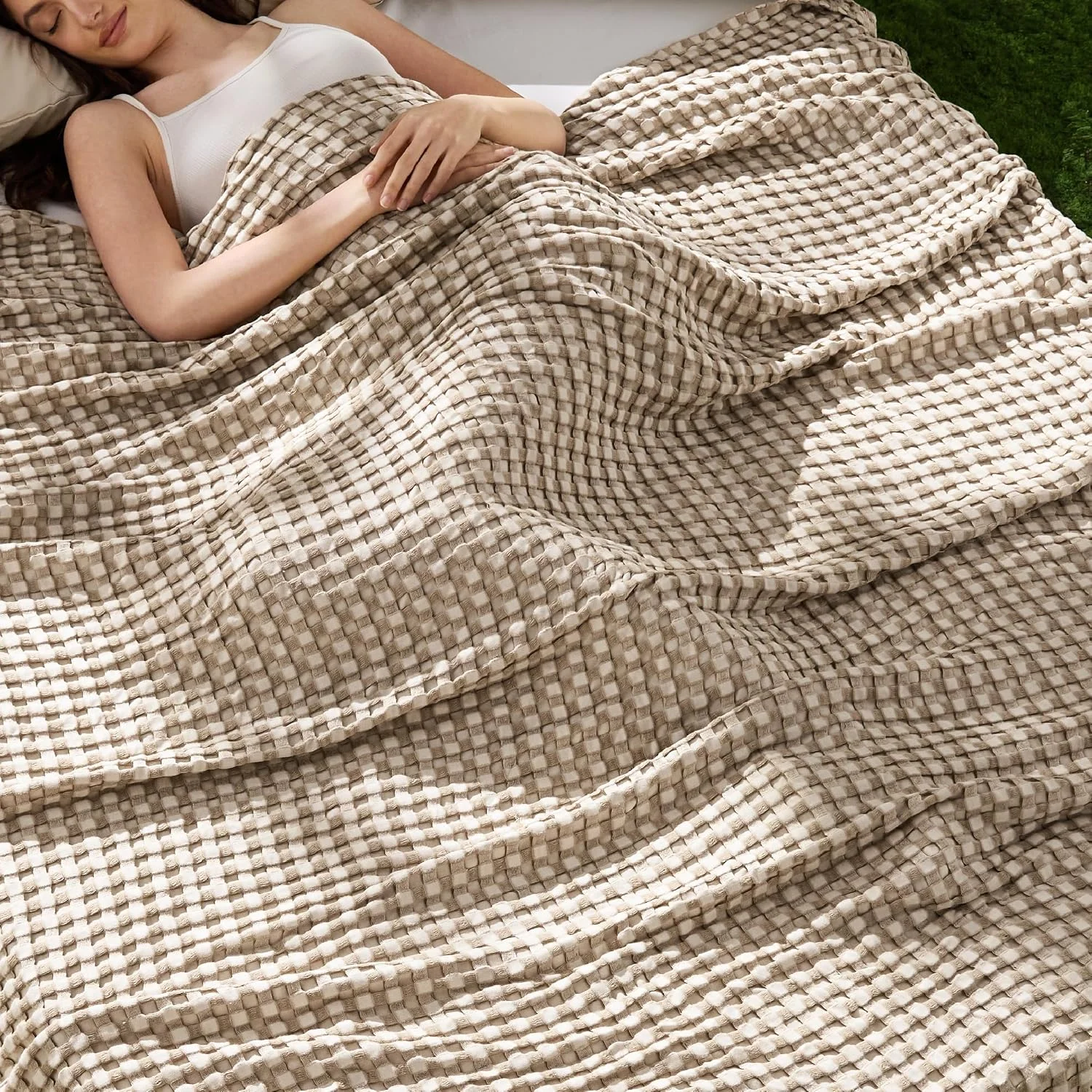 Bedsure Cooling Waffle Blanket for Hot Sleepers, Ivory, Queen, 90x90