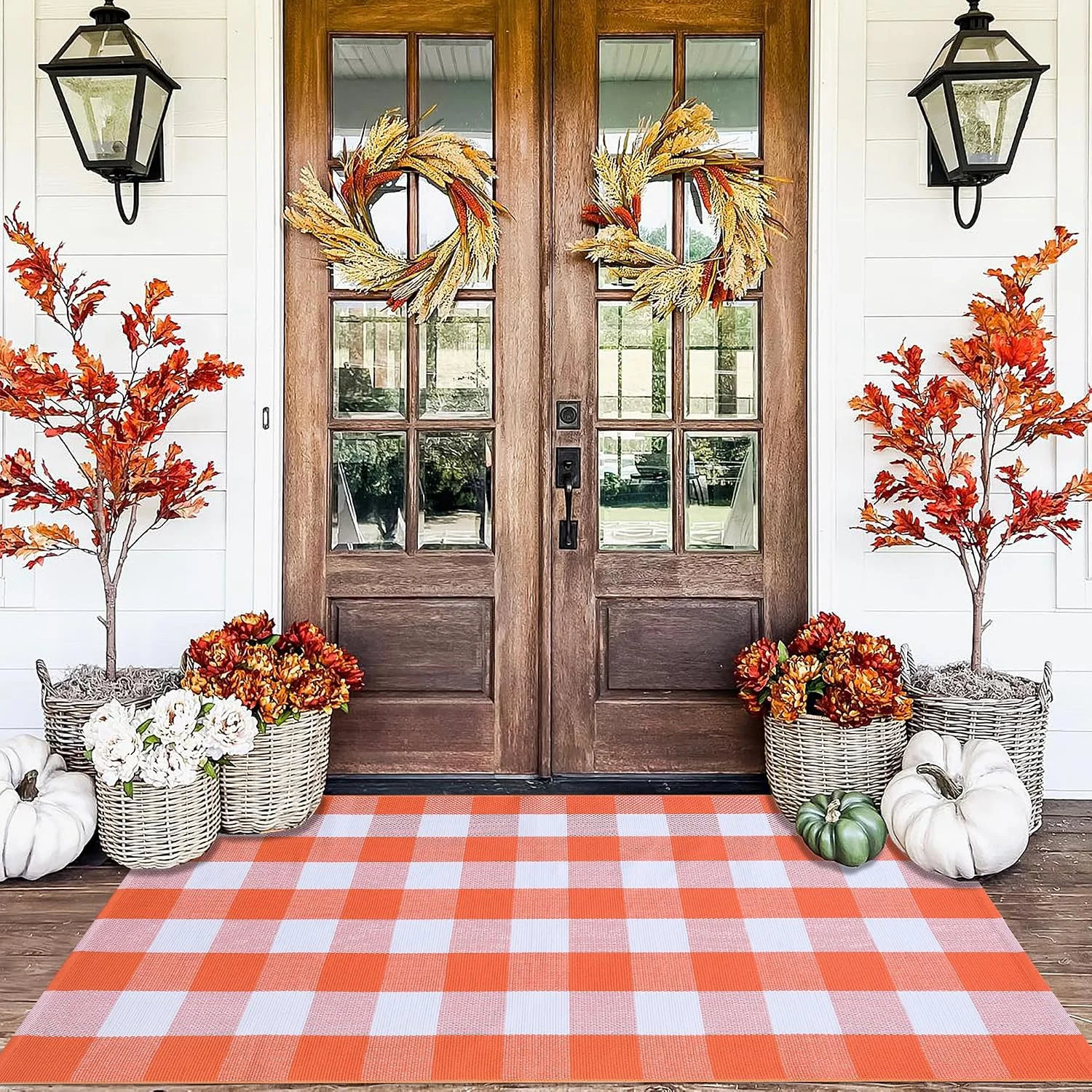 Black Plaid Rug, 28'' x 43'' Fall Outdoor Front Door Decor Mat, Cotton Washable Hand-Woven Rug for Layered Doormat - Image 3