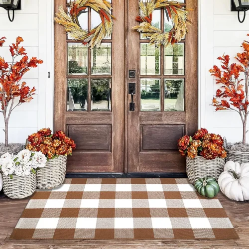 Alternative view of Black Plaid Rug, 28'' x 43'' Fall Outdoor Front Door Decor Mat, Cotton Washable Hand-Woven Rug for Layered Doormat