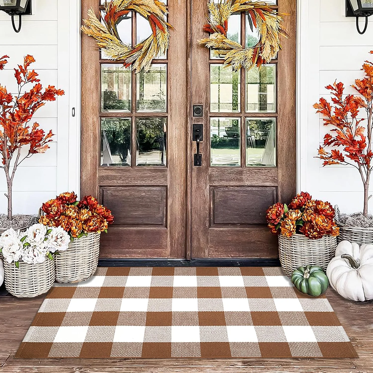 Black Plaid Rug, 28'' x 43'' Fall Outdoor Front Door Decor Mat, Cotton Washable Hand-Woven Rug for Layered Doormat - Image 2