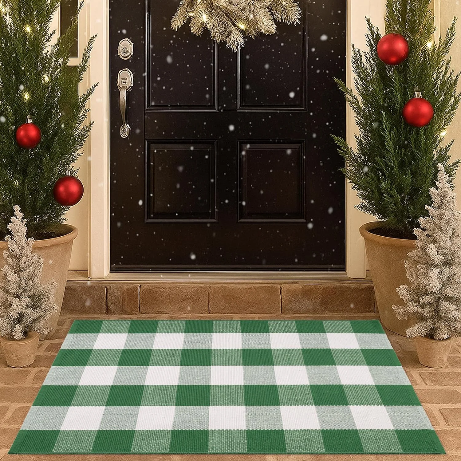 Black Plaid Rug, 28'' x 43'' Fall Outdoor Front Door Decor Mat, Cotton Washable Hand-Woven Rug for Layered Doormat - Image 4
