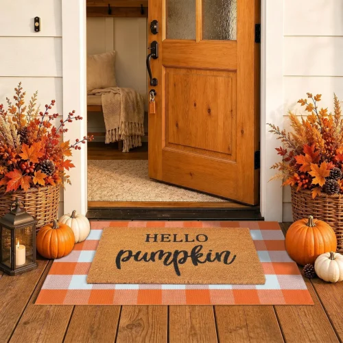 Decor Door Mat Combo Set, 100% Coco Coir Welcome Mat + 28 x 43 Inches Orange and Black Plaid Rug- Fall Thanksgiving Front Porch Entryway Floor Doormat