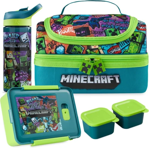 Alternative view of Trend Minecraft Kids Lunch Box 3 Pc Set with Insulated Lunch Bag, Bento Box with Two Mini Pots & 20 fl oz Water Bottle with Straw for School, Picnic