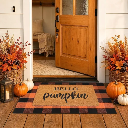 Alternative view of Decor Door Mat Combo Set, 100% Coco Coir Welcome Mat + 28 x 43 Inches Orange and Black Plaid Rug- Fall Thanksgiving Front Porch Entryway Floor Doormat