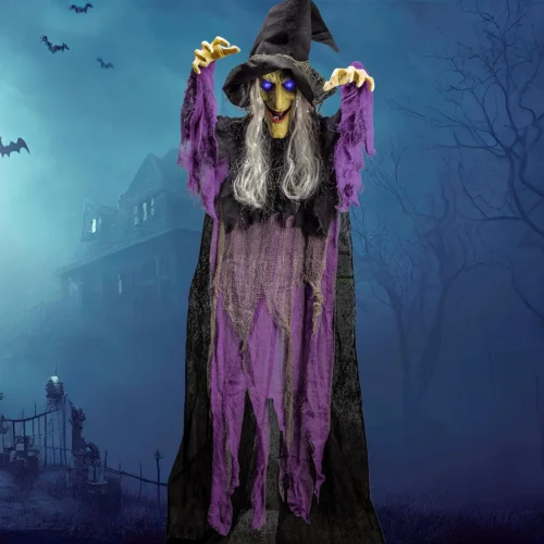 72?? Halloween Hanging Witch Decorations Outdoor, Flying Talking Ghost Decor Light Up Eyes Sound Activated