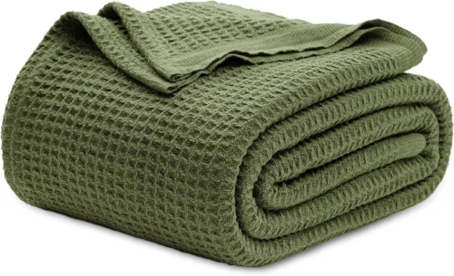 Bedsure 100% Cotton Blanket, Waffle Weave, Queen Size, White, 90x90